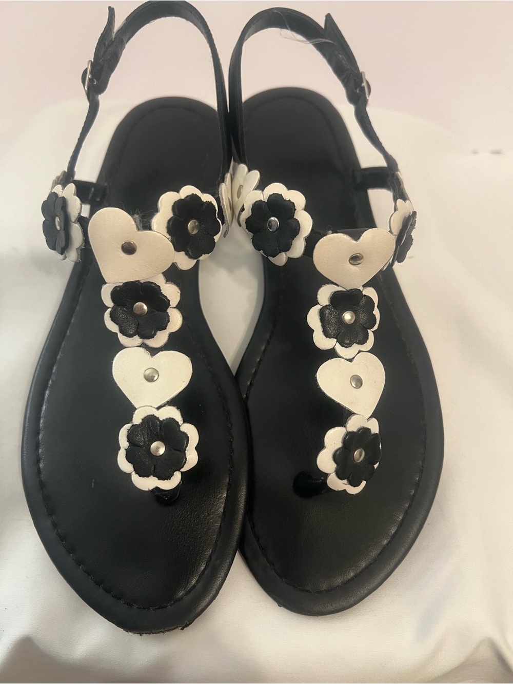 Black Leather Floral & Heart T-Strap Sandals